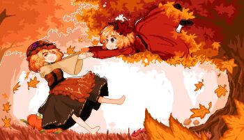 2girls ^_^ absurdres aki_minoriko aki_shizuha apron autumn autumn_leaves barefoot blonde_hair brown_skirt closed_eyes commentary dress english_commentary esculd falling falling_leaves forest frilled_hat frills hat highres holding_hands leaf maple_leaf maple_leaf_hair_ornament multiple_girls nature orange_apron orange_hat outdoors pixel_art red_dress shirt short_hair siblings sisters skirt smile touhou yellow_shirt