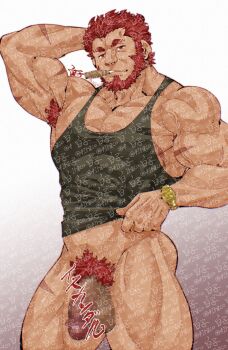 1boy armpit_hair armpits ass bara beard black_tank_top censored cigar cowboy_shot facial_hair fate/extra fate/grand_order fate_(series) flaccid full_beard highres iskandar_(fate) large_pectorals lifting_own_clothes male_focus mature_male mosaic_censoring muscular muscular_male pectoral_cleavage pectorals penis red_eyes red_hair scar shirako_(kirupi) shirt_only sidepec smoking solo standing tan tank_top thick_beard thick_eyebrows thick_thighs thighs thighs_together too_many_watermarks veins veiny_arms watermark