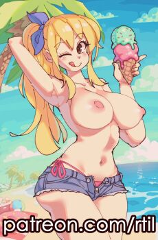 1girl ;q arm_behind_head armpits artist_name beach bikini blonde_hair blue_ribbon blue_sky breasts brown_eyes commentary cowboy_shot cutoffs denim denim_shorts english_commentary fairy_tail food hair_ribbon highres holding holding_food holding_ice_cream ice_cream large_breasts long_hair looking_at_viewer lucy_heartfilia multiple_scoops navel nipples one_eye_closed open_fly paid_reward_available palm_tree patreon_username pink_bikini ponytail ribbon rtil short_shorts shorts sky solo swimsuit tongue tongue_out topless_female tree watermark web_address