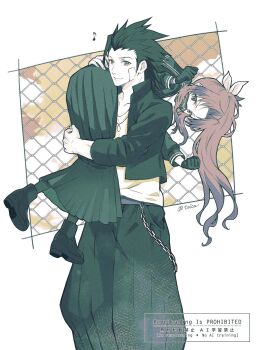 Rule 34 | 1boy, 1girl, aerith gainsborough, aerith gainsborough (midgard seventh high school), baggy pants, bandaid, bandaid on cheek, bandaid on face, wallet chain, black gloves, black hair, black jacket, black pants, black sailor collar, black serafuku, bow, brown hair, carrying over shoulder, closed mouth, commentary request, delinquent, feet out of frame, final fantasy, final fantasy vii, final fantasy vii: ever crisis, gakuran, gloves, hair bow, high ponytail, highres, jacket, jewelry, long hair, long skirt, mask, mouth mask, musical note, necklace, official alternate costume, open clothes, open jacket, pants, pleated skirt, ponytail, quichi 91, sailor collar, school uniform, serafuku, shirt, short hair, skirt, spiked hair, sukeban, zack fair, zack fair (midgard seventh high school)