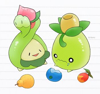 berry_(pokemon) budew closed_eyes closed_mouth food food_on_face gen_4_pokemon highres holding holding_food leppa_berry nintendo no_humans open_mouth oran_berry pecha_berry pokemon pokemon_(creature) rekcmas simple_background sitrus_berry sitting smoliv twitter_username wavy_mouth