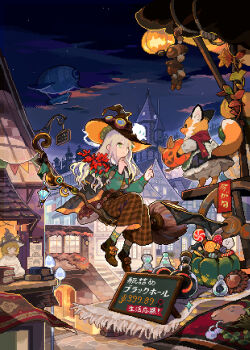 1other 2girls absurdres aircraft airship black_cape black_dress black_shoes bloomers book book_stack bottle bow broom broom_riding brown_hat brown_skirt building candy cape cloud commentary_request dress food footwear_bow fox full_body ghost green_eyes green_socks grey_hair hands_up hat highres holding holding_pumpkin lollipop long_hair looking_at_another multiple_girls nekoolantern night night_sky orange_bow original outdoors pixel_art plaid_clothes plaid_skirt potion pumpkin red_scarf rug sandwich_board scarf shoes sign skirt sky socks stairs star_(sky) starry_sky translation_request underwear witch witch_hat