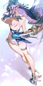 1girl ass backless_swimsuit bare_back black_shoes blue_nails crossed_legs from_behind hand_up high_heels holding holding_umbrella long_hair looking_at_viewer looking_back official_alternate_costume one-piece_swimsuit pointy_ears purple_hair red_eyes shoes skn solo swimsuit umbrella vivian_banshee vivian_banshee_(iris_of_the_shore) white_one-piece_swimsuit zenless_zone_zero