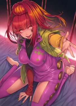 Rule 34 | 1girl, barefoot, between legs, bodysuit, breasts, facial mark, glowing, glowing eyes, gnosia, green jacket, hagure keg, hand between legs, highres, jacket, layered sleeves, long sleeves, looking at viewer, medium breasts, open clothes, open jacket, open mouth, pink bodysuit, print bodysuit, purple eyes, red hair, short over long sleeves, short sleeves, sitting, skull and crossbones, soles, solo, sq (gnosia), star (symbol), star print, tongue, tongue out, wariza, wide-eyed