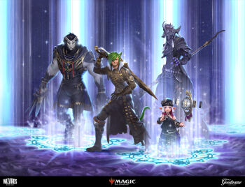 1girl 3boys animal_ears astrologian_(final_fantasy) au_ra black_hair cat_boy cat_ears cat_tail dancer_(final_fantasy) eyepatch fighting_stance final_fantasy final_fantasy_xiv goodname1 gunbreaker_(final_fantasy) highres holding holding_scythe horns hrothgar lalafell lion_boy magic:_the_gathering magic_circle miqo'te multiple_boys official_art pointy_ears reaper_(final_fantasy) scythe summoning tail warrior_of_light_(ff14)