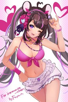 ahoge animal_ears bead_necklace beads bell bikini breasts brown_hair choker cleavage dark-skinned_female dark_skin demon_girl demon_wings eyewear_on_head hair_ornament head_wings heart heart_ahoge heart_hair_ornament highres ironmouse ironmouse_(pudding) jewelry jingle_bell lace lace_choker large_breasts looking_at_viewer mouse_ears multicolored_hair navel necklace one_eye_closed open_mouth pink_bikini pink_hair pink_streaks purple_eyes rakugakifuyu shorts simple_background smile streaked_hair sunglasses swimsuit thighs twintails virtual_youtuber vshojo white_shorts wings