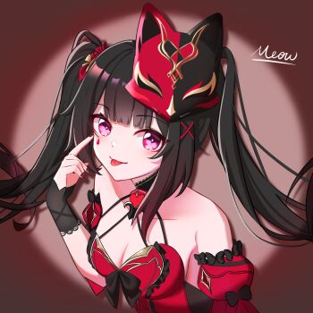 1girl artist_name bare_shoulders black_hair breasts chinese_commentary cleavage commentary_request dress facial_mark fox_mask highres honkai:_star_rail honkai_(series) honkai_impact_3rd long_hair looking_at_viewer mask mask_on_head medium_breasts meow_maolai official_alternate_costume purple_eyes red_dress solo sparkle_(fictitious_game)_(honkai:_star_rail) sparkle_(honkai:_star_rail) spotlight teardrop_facial_mark tongue tongue_out twintails upper_body