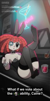 1girl animated animated_gif ass breasts button_eye cleavage diives glitch_productions highres indoors on_table playboy_bunny rabbit_ears ragatha_(the_amazing_digital_circus) red_hair solo table the_amazing_digital_circus thighhighs
