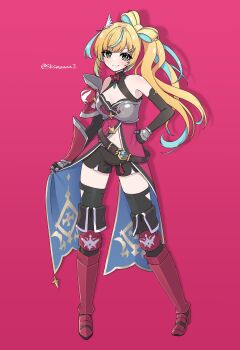 1girl aqua_hair armor axe bare_shoulders belt belt_buckle black_gloves black_shorts black_thighhighs blonde_hair blush boots breasts buckle cleavage cleavage_cutout clothing_cutout double-sided_axe dress elbow_gloves full_body gloves green_eyes hair_ornament high_heel_boots high_heels highres long_hair medium_breasts midriff multicolored_hair navel nijisanji pauldrons red_background ribbon_hair saka_(sksmaaaa2) shorts shoulder_armor side_ponytail single_pauldron single_vambrace sleeveless sleeveless_dress solo streaked_hair tachitsute_toto tachitsute_toto_(1st_costume) thighhighs twitter_username vambraces virtual_youtuber wing_hair_ornament wing_hairpin