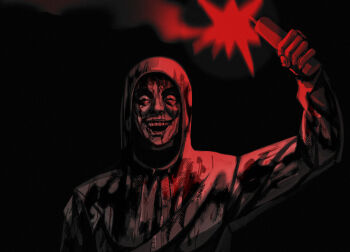 Rule 34 | 1boy, :d, arm up, black shirt, blood, blood on clothes, blood on face, bulging eyes, crazy grin, cry of fear, dim lighting, facing viewer, glowing, grey hoodie, hashtag-only commentary, holding dynamite, hood, hood up, hoodie, horror (theme), leyagrossman, looking at viewer, male focus, open mouth, shirt, simon henriksson, simon henriksson (book), smile, solo, teeth, upper body, upper teeth only