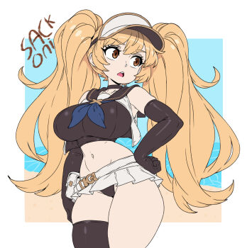 1girl armpits artist_name asymmetrical_legwear belt_pouch black_gloves black_panties black_thighhighs blonde_hair breasts brown_hair crop_top elbow_gloves gloves granblue_fantasy groin hat highres large_breasts long_hair looking_to_the_side monika_weisswind navel open_mouth panties pouch sackoni skirt solo stomach teeth thighhighs twintails underwear upper_teeth_only very_long_hair visor_cap white_hat white_skirt