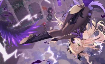 1girl axe bare_shoulders battle battle_axe bird black_boots black_dress black_pantyhose blonde_hair boots commentary_request dr.tan dress dynamic_pose electricity electrokinesis eye_trail fischl_(genshin_impact) genshin_impact green_eyes hair_ribbon hand_on_own_face heterochromia high_heel_boots high_heels highres hilichurl_(genshin_impact) light_trail long_hair looking_at_viewer midair mitachurl_(genshin_impact) open_mouth oz_(genshin_impact) pantyhose purple_eyes ribbon ruins shoe_soles smile solo_focus two_side_up weapon