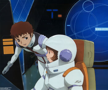 1980s_(style) 1990s_(style) 1boy 1girl absurdres amuro_ray arai_sadayuki artist_collaboration artist_name brown_hair chair earth_federation_space_forces english_text fraw_bow gundam helmet highres hisayuki_hirokazu mecha_pilot_suit military_rank_insignia mobile_suit_gundam nagisa_abe official_art oldschool promotional_art red_hair retro_artstyle scan scene_reference science_fiction screen signature sitting space_helmet spacecraft_interior spacesuit talking traditional_media white_base