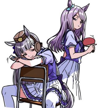 2girls animal_ears aqua_bow blunt_bangs bow bowtie breasts brown_hat chair chime! closed_mouth ear_bow ear_ribbon eraser gold_ship_(umamusume) grey_hair hashtag-only_commentary hat highres holding_table_tennis_paddle horse_ears horse_girl horse_tail large_breasts long_hair mejiro_mcqueen_(umamusume) multiple_girls on_chair pillbox_hat pleated_skirt puffy_short_sleeves puffy_sleeves purple_bow purple_bowtie purple_eyes purple_hair purple_shirt sailor_collar sailor_shirt school_uniform shirt short_sleeves sitting sitting_backwards skirt smile tail thighhighs tracen_school_uniform umamusume white_sailor_collar white_skirt white_thighhighs