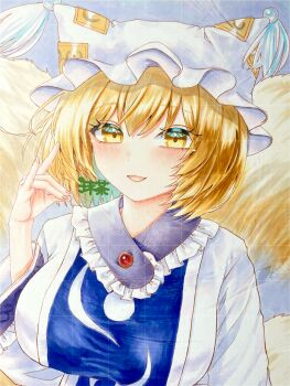 Rule 34 | animal ears, animal hat, arm under breasts, blonde hair, blue tabard, blush, breasts, commentary request, eyelashes, fox ears, fox girl, fox tail, hair between eyes, hand up, hat, highres, kitsune, kyuubi, large breasts, large tail, marker (medium), matcha gr, mob cap, multiple tails, open mouth, short hair, smile, tabard, tail, touhou, traditional media, yakumo ran, yellow eyes, yellow tail