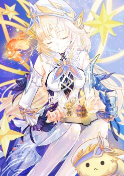 1girl absurdres aether_(genshin_impact) bare_shoulders beret blonde_hair book breasts commentary_request cross-shaped_pupils detached_sleeves dress facial_mark forehead_mark genshin_impact hat highres holding holding_book karakusa_(ototsukiharu) nicole_(genshin_impact) paimon_(genshin_impact) pointy_ears sitting symbol-shaped_pupils white_dress white_hat white_sleeves