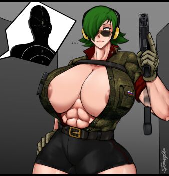 ... 1girl areola_slip artist_name avis_(strangehero) belt black_shorts breasts bullet_hole camouflage camouflage_shirt collarbone commentary constricted_pupils cowboy_shot english_commentary female_focus gloves green_eyes green_gloves green_hair grey_background gun hand_on_own_hip handgun headphones highres holding holding_gun holding_weapon huge_breasts indoors magazine_(weapon) mole mole_under_eye muscular muscular_female no_bra open_clothes open_shirt original piercing pistol russian_flag shirt short_hair shorts simple_background solo strangehero sunglasses surprised sweatdrop target thick_thighs thighs weapon you're_doing_it_wrong