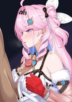 1boy 1girl ahoge black_bow blue_hair blush bow breasts breasts_squeezed_together censored chain clothed_sex colored_inner_hair commentary denia_(wuthering_waves) detached_sleeves english_commentary erection from_side gloves hair_bow hair_intakes hair_ornament hetero highres long_hair lunarscent medium_breasts mosaic_censoring multicolored_hair open_mouth paid_reward_available paizuri penis pink_hair purple_eyes red_gloves revision wuthering_waves