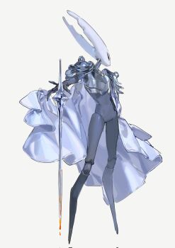 Rule 34 | 1other, armor, blood, bloody weapon, cape, colored skin, f4d1a6, full body, grey skin, highres, holding, holding weapon, hollow eyes, hollow knight, horned mask, knight (hollow knight), looking to the side, mask, nail (hollow knight), shoulder armor, simple background, standing, weapon, white background, white cape, white mask