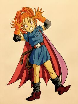 1girl barbara_(dq6) black_socks blue_dress brown_shoes cape commentary_request dragon_quest dragon_quest_vi dress earrings full_body gloves highres jewelry lee_(dragon_garou) marker_(medium) orange_gloves orange_hair pink_eyes pointy_ears pointy_shoes red_cape shoes short_dress socks solo topknot traditional_media whip