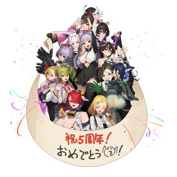 absurdres animal_ear_fluff animal_ears animal_print anniversary apron arm_guards asymmetrical_legwear badge bat_hair_ornament beeeeen bell bikini biting biting_ear black_hair black_necktie blonde_hair blue_hair boryeon_(last_origin) braid breasts brown_eyes brown_hair button_badge cat_ears cat_girl clover_ace collared_shirt colored_inner_hair covered_navel cow_ears cow_horns cow_print cow_print_bikini cow_print_gloves cowbell draculina_(last_origin) dress drill_hair ear_piercing erato_(last_origin) facial_mark fake_horns galatea_(last_origin) gloves green_hair grey_eyes grey_hair hair_bun hair_ornament hairband happy_anniversary highres holding holding_party_popper holding_scroll horns huge_breasts ignis_(last_origin) japanese_clothes kimono kunoichi_enrai kunoichi_shiden large_breasts last_origin lipstick long_hair long_sleeves maid maid_headdress makeup mechanical_arms multicolored_hair multiple_girls nail_polish necktie nymph_(last_origin) official_alternate_costume one_side_up party_popper piercing poi_(last_origin) pointy_ears ponytail print_bikini print_gloves purple_eyes purple_hair red_eyes red_hair sarena_(last_origin) scroll shirt short_hair side_drill simple_background swimsuit tiger_ears tiger_girl tiger_print tokusatsu translation_request twin_braids twintails two-tone_hair underboob very_long_hair white_hair