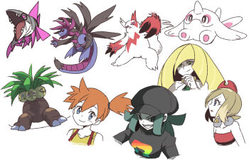 4girls aether_foundation asymmetrical_hair blonde_hair blue_eyes breasts cetoddle closed_mouth exeggutor eyelashes gen_1_pokemon gen_3_pokemon gen_5_pokemon green_eyes green_hair grin hair_tie hairband hat hydreigon irida_(pokemon) jewelry kotobukkii_(yt_lvlv) long_hair looking_at_viewer lusamine_(pokemon) misty_(pokemon) multiple_girls nintendo open_mouth orange_hair pokemon pokemon_(anime) pokemon_(classic_anime) pokemon_legends:_arceus pokemon_sm pokemon_usum ponytail red_hairband red_shirt shirt short_hair short_sleeves shorts side_ponytail smile suspenders team_rainbow_rocket team_rainbow_rocket_grunt team_rocket team_rocket_grunt teeth upper_body veluza yellow_shirt zangoose