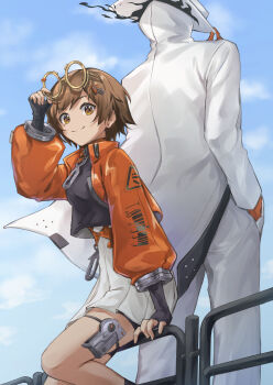 1girl 1other absurdres adjusting_eyewear back-to-back black_gloves black_shirt blue_sky brown_hair cloud cloudy_sky coat commentary_request day eyewear_on_head fingerless_gloves glasses gloves group_leader_(xinyue_tongxing) hand_in_pocket hand_on_eyewear hand_on_headwear hand_up hat highres jacket looking_at_viewer miniskirt on_railing orange_eyes orange_gloves orange_jacket outdoors pants poe_(528yuzunon) qianqiu_(xinyue_tongxing) railing round_eyewear shirt short_hair sitting skirt sky smile smoke white_coat white_hat white_pants white_skirt xinyue_tongxing