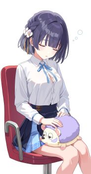 1girl blue_hair blue_overskirt blue_ribbon blue_skirt blunt_bangs breasts button_gap chair cleavage closed_eyes commentary_request flower gakuen_idolmaster hair_flower hair_ornament hataya_misuzu hatsuboshi_gakuen_school_uniform highres idolmaster kitano_yukito long_sleeves medium_breasts neck_ribbon on_chair open_mouth partially_unbuttoned pleated_skirt ribbon shirt short_hair simple_background sitting skirt sleeping solo stuffed_animal stuffed_hedgehog stuffed_toy white_background white_flower white_shirt