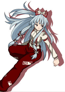 Rule 34 | 1girl, absurdres, bow, breasts, collared shirt, commentary, fujiwara no mokou, grey hair, hair bow, highres, long hair, long sleeves, multiple hair bows, ofuda, ofuda on clothes, oninamako, pants, red eyes, red pants, shirt, small breasts, solo, suspenders, touhou, very long hair, yellow shirt