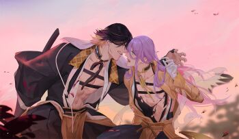 Rule 34 | 2boys, bare pectorals, black hair, black ribbon, blue eyes, collarbone, dust, gloves, grimace, hachisuka kotetsu, light particles, male focus, multiple boys, nagasone kotetsu, ncww rinichi, open mouth, pectorals, pink sky, purple hair, ribbon, shirt, short hair, sky, torn clothes, torn shirt, touken ranbu, white gloves