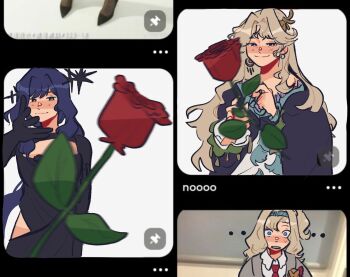 Rule 34 | ..., 3girls, arcana (reverse:1999), beryl bouanich, black cloak, black dress, black gloves, blonde hair, blue eyes, blue hair, cloak, dress, flower, gloves, grey sweater, highres, incoming object, long hair, matilda bouanich, meme, mother and daughter, motion blur, multiple girls, necktie, one side up, red flower, red necktie, red rose, reverse:1999, rose, roseiid, shirt, smile, sweater, throwing, wand in head, white shirt, woe plague be upon ye (meme)