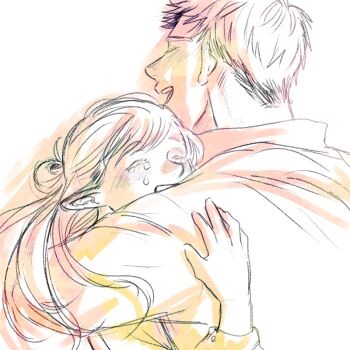 1boy 1girl :d ^_^ blush closed_eyes commentary crying dungeon_meshi elf happy hug laios_touden long_hair marcille_donato natsuo-hjm open_mouth pointy_ears ponytail shirt short_hair sketch smile