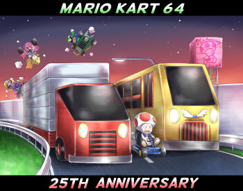 Rule 34 | 1girl, 1other, 2boys, aogaeru (pixiv46613656), box truck, bus, crown, dress, driving, dust, fat, fat man, gloves, hat, highres, kart, luigi, mario (series), mario kart, mario kart 64, motor vehicle, multiple boys, night, nintendo, pink dress, ponytail, princess peach, sky, star (sky), toad (mario), truck, wario