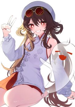 1girl bare_shoulders boo_tao_(genshin_impact) brown_hair chinese_clothes detached_sleeves eyewear_on_head flower-shaped_pupils genshin_impact ghost hair_between_eyes hat highres hu_tao_(cherries_snow-laden)_(genshin_impact) hu_tao_(genshin_impact) jewelry light_blush long_hair long_sleeves looking_at_viewer magnet_8_8 multiple_rings nail_polish official_alternate_costume red-tinted_eyewear red_eyes ring round_eyewear sidelocks sitting skirt smile sunglasses symbol-shaped_pupils thighs tinted_eyewear twintails v white_background white_hat