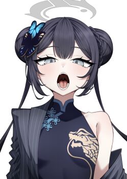 1girl black_dress black_hair blue_archive breasts butterfly_hair_ornament china_dress chinese_clothes commentary danut double_bun dragon_print dress expressionless grey_eyes grey_halo hair_bun hair_ornament halo highres kisaki_(blue_archive) long_hair looking_at_viewer open_mouth print_dress simple_background single_bare_shoulder small_breasts solo straight-on teeth tongue upper_body uvula white_background