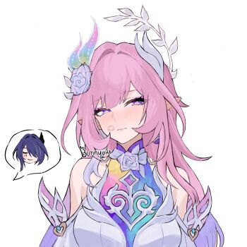 2girls acheron_(honkai:_star_rail) artist_name bare_shoulders bunnyoki commentary cyrene_(demiurge)_(honkai:_star_rail) cyrene_(honkai:_star_rail) dress hair_ornament highres honkai:_star_rail honkai_(series) lipstick_mark long_hair looking_at_viewer multiple_girls pink_hair pointy_ears purple_eyes purple_hair signature simple_background upper_body very_long_hair white_background white_dress yuri