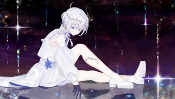 1girl absurdres ahoge asuma_kanau black_gloves blue_eyes blue_flower closed_mouth cloud collared_dress commentary detached_sleeves dress flower frilled_dress frills from_side gloves hair_ornament halo highres indie_virtual_youtuber lens_flare long_sleeves looking_to_the_side medium_hair reflection reflective_liquid shoes sitting solo tiger_lily water_drop white_dress white_flower white_hair white_shoes yellow_halo