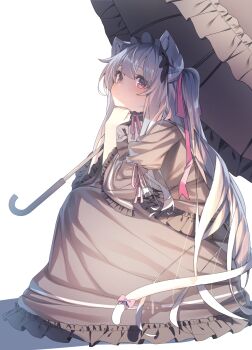 1girl :/ animal_ears black_dress black_hairband black_umbrella bow cat_ears cat_girl cat_tail closed_mouth commentary_request diagonal_bangs dress frilled_dress frilled_hairband frilled_sleeves frilled_umbrella frills full_body hair_ribbon hairband hands_up highres holding holding_umbrella kneeling light_blush long_dress long_hair looking_at_viewer neck_ribbon original pink_bow pink_eyes pink_ribbon ribbon shiro_youduki simple_background solo tail tail_bow tail_ornament three-quarter_sleeves umbrella very_long_hair white_background white_hair white_tail