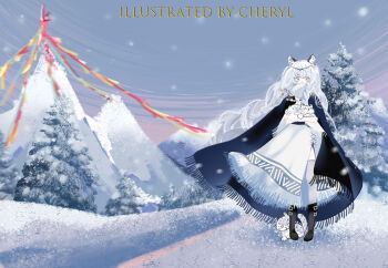 1girl animal animal_ear_fluff animal_ears arknights artist_name baby_animal bead_necklace beads belt belt_buckle black_belt black_boots black_cloak boots braid buckle cheryl_qaq circlet cloak covered_mouth dress eyelashes floating_clothes fringe_trim full_body grey_eyes grey_thighhighs highres hill holding holding_animal jewelry leopard_ears leopard_girl long_hair necklace outdoors pine_tree pramanix_(arknights) scarf shoe_belt single_braid snow snow_leopard snowing solo standing streamers sunset thighhighs tree very_long_hair watermark white_dress white_hair white_scarf wind winter