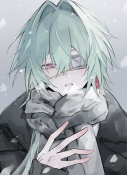 Rule 34 | 1boy, alternate costume, anaxa (honkai: star rail), aqua eyes, black coat, blue eyes, coat, grey background, grey scarf, hair between eyes, hair intakes, half-closed eyes, hand up, highres, honkai: star rail, honkai (series), iota 1600, long hair, looking at viewer, male focus, messy hair, multicolored eyes, parted lips, pink eyes, pink pupils, scarf, solo, teeth, two-tone eyes