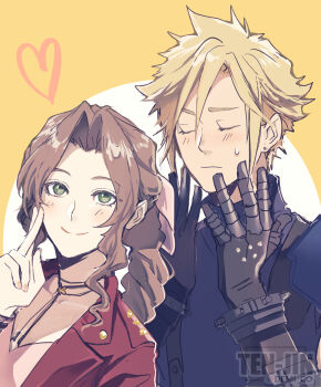 1boy 1girl aerith_gainsborough armor artist_name bangle blonde_hair blue_shirt bracelet braid braided_ponytail brown_hair choker closed_eyes closed_mouth cloud_strife commentary_request demi_co dress earrings final_fantasy final_fantasy_vii final_fantasy_vii_remake flower_choker green_eyes hair_between_eyes hair_ribbon highres jacket jewelry light_blush long_hair looking_at_viewer metal_gloves parted_bangs pauldrons pink_dress pink_ribbon red_jacket ribbon shirt short_hair shoulder_armor sidelocks single_braid single_earring single_pauldron sleeveless sleeveless_turtleneck smile spiked_hair sweatdrop turtleneck twitter_username yellow_background