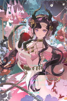 1girl absurdres anjo_nala bare_shoulders black_gloves black_hair black_horns bu_guize_huan closed_mouth demon_horns double_bun dress flower gloves gold_choker hair_bun hair_flower hair_ornament hands_up highres horns long_hair looking_at_viewer official_alternate_costume pink_flower purple_eyes reverse:1999 sleeveless sleeveless_dress solo upper_body watermark white_dress white_flower