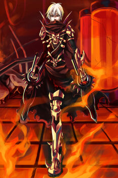 Rule 34 | 1boy, armored boots, black cape, black shirt, boots, cape, commentary request, dagger, fire, full body, gauntlets, guillotine cross (ragnarok online), holding, holding dagger, holding knife, holding weapon, indoors, jamadhar, knife, looking at viewer, male focus, orange background, ragnarok online, red eyes, red scarf, ruins, scarf, shirt, short hair, solo, standing, stasis tank, steel beam, toriria, torn cape, torn clothes, waist cape, weapon, white hair