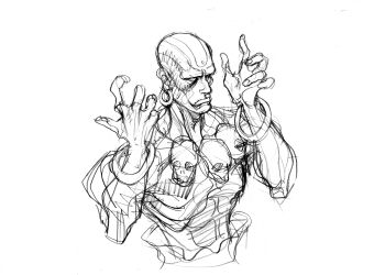 Rule 34 | 1boy, abs, bald, bindi, bracelet, dhalsim, earrings, game cg, greyscale, hands up, highres, hoop earrings, jewelry, male focus, monochrome, necklace, nishimura kinu, no eyebrows, non-web source, official art, sketch, skull necklace, solo, street fighter, street fighter ii (series), white eyes