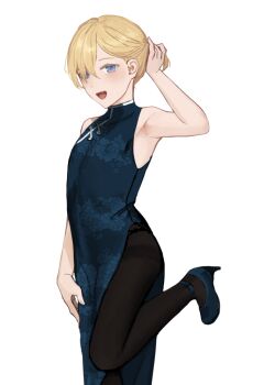 1boy adjusting_hair arm_up armpits bare_shoulders black_pantyhose blonde-haired_boy_(sunaba_(nczd5875)) blonde_hair blue_dress blue_eyes blue_shoes blush china_dress chinese_clothes commentary_request crossdressing crossdressing_(mtf) dot_nose dress fang floral_print foot_out_of_frame from_side hair_between_eyes hair_over_one_eye high_heels leg_up looking_at_viewer male_focus open_mouth original pantyhose partial_commentary shoes short_hair simple_background sleeveless sleeveless_dress solo standing standing_on_one_leg sunaba_(nczd5875) tongue trap white_background