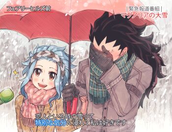 1boy 1girl :d bad_id bad_pixiv_id black_hair blue_hair blush coat couple covered_face covering_face embarrassed eyebrow_piercing face_piercing facepalm fairy_tail gajeel_redfox gloves hairband hetero holding holding_another's_arm holding_own_arm holding_umbrella interview jewelry levy_mcgarden meme microphone open_mouth orange_eyes piercing rboz ring rusky scarf smile snow special_feeling_(meme) translated umbrella winter