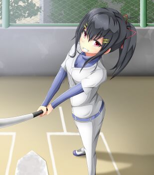 1girl baseball_base baseball_bat baseball_field baseball_uniform belt black_hair blue_belt blue_shirt blue_shoes chain-link_fence clenched_teeth commentary_request fence from_above hair_ornament hair_ribbon hairclip high_ponytail highres holding holding_baseball_bat jikkyou_powerful_pro_yakyuu looking_at_another metal_baseball_bat multicolored_shoes pants ponytail power_pro_appli red_eyes red_ribbon ribbon rosumoto3 shirt shirt_under_shirt shoes smile solo sportswear teeth undersuit white_pants white_shirt white_shoes yagyuu_sayaka