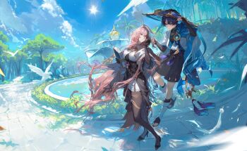 1boy 1girl absurdres ahoge anemo_symbol_(genshin_impact) armor artist_request belt bird bishounen black_belt black_bow black_bridal_gauntlets black_gloves black_pantyhose black_sandals black_shoes black_shorts black_skirt black_sleeves blue_eyes blue_gem blue_hat blue_jingasa blue_sky blue_sleeves blunt_ends bow breasts bridal_gauntlets building bush cape character_request cleavage_cutout clothing_cutout cloud cloudy_sky commission couple eyeliner falling_feathers feathers floating fountain fringe_trim full_body furisode gem genshin_impact gloves gold gold_thighlet grey_cape hakama hakama_shorts hand_up hat hetero high_heels highres huge_ahoge japanese_armor japanese_clothes jewelry jingasa kimono kote kurokote large_breasts layered_skirt layered_sleeves leg_warmers levitation long_hair long_sidelocks long_sleeves looking_at_another makeup medium_skirt middle_ring oc_x_canon original outdoors pantyhose pink_gem playing_with_another's_hair pleated_shorts pom_pom_(clothes) purple_eyes purple_rope purple_sash red_eyeliner rope sandals sash scaramouche_(genshin_impact) second-party_source shirt shoes short_over_long_sleeves short_sleeves shorts shoulder_cutout showgirl_skirt side_slit sidelocks skirt sky sun tassel thighlet toeless_legwear toes tree tsurime very_long_hair wanderer_(genshin_impact) white_bird white_feathers white_leg_warmers white_shirt white_skirt white_sleeves yellow_feathers zouri