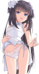 Rule 34 | 1girl, black hair, blue eyes, breasts, bun cover, clothes lift, commentary request, dress, dress lift, highres, ina (inadahime), kaoru-chan (ina (inadahime)), lace-trimmed panties, lace trim, lifted by self, long hair, looking at viewer, original, panties, parted lips, short dress, side-tie panties, simple background, small breasts, smile, solo, underwear, white background, white dress, white panties