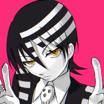 1boy black_hair chromatic_aberration closed_mouth death_the_kid double_v film_grain fingerprint hashtag-only_commentary head_tilt highres multicolored_hair myoart pink_background portrait short_hair solo soul_eater striped_hair v yellow_eyes